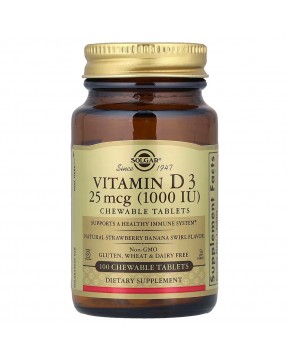 Solgar, витамин D3, натуральный клубнично-банановый вкус, 25 мкг (1000 МЕ), 100 жевательных таблеток